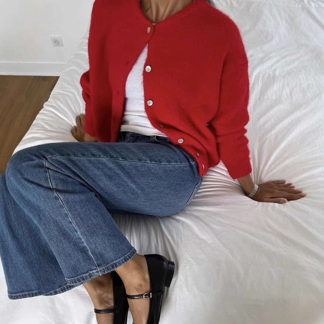 Soft Wool Blend Knit Cardigan Women Button Front Sweater