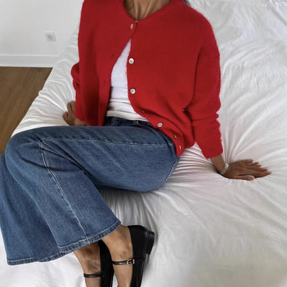 Soft Wool Blend Knit Cardigan Women Button Front Sweater