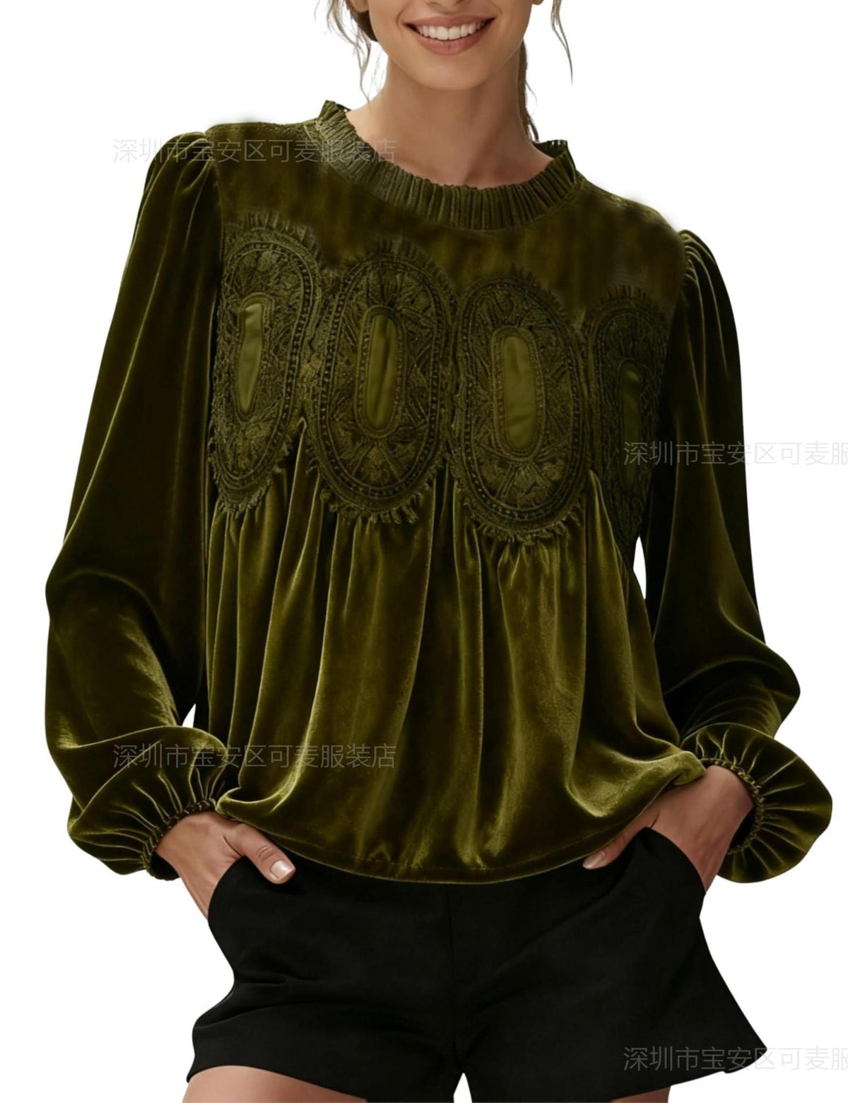 Velvet Ruffle Neck Lace Panel Long Sleeve Blouse Women