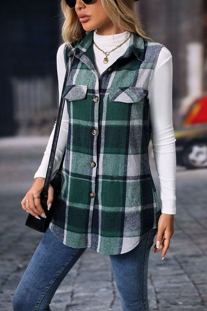 Plaid sleeveless shacket button front longline fit