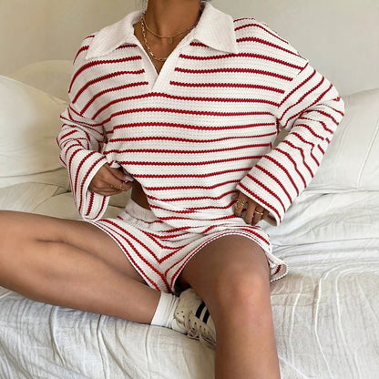 Striped Polo Lounge Set Long Sleeve Top & Shorts Set