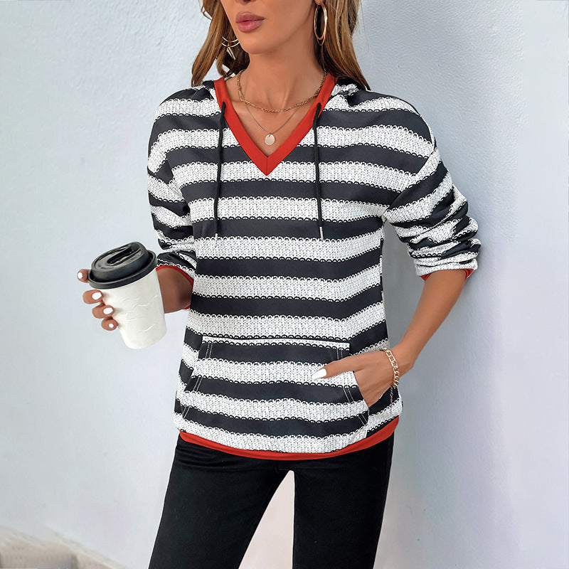 Women's Black and White Striped Pullover Hooded Casual Versatile Sweater