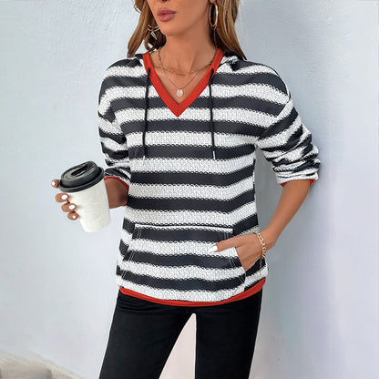 Women's Black and White Striped Pullover Hooded Casual Versatile Sweater