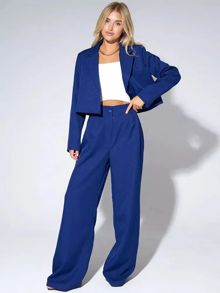 Women's Cropped Blazer Wide Leg Pants 2 Piece Set