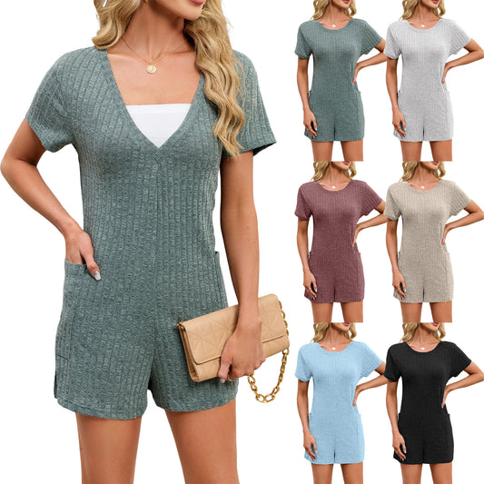 Waffle Knit Pocket Romper Loose Short Sleeve Lounge Set