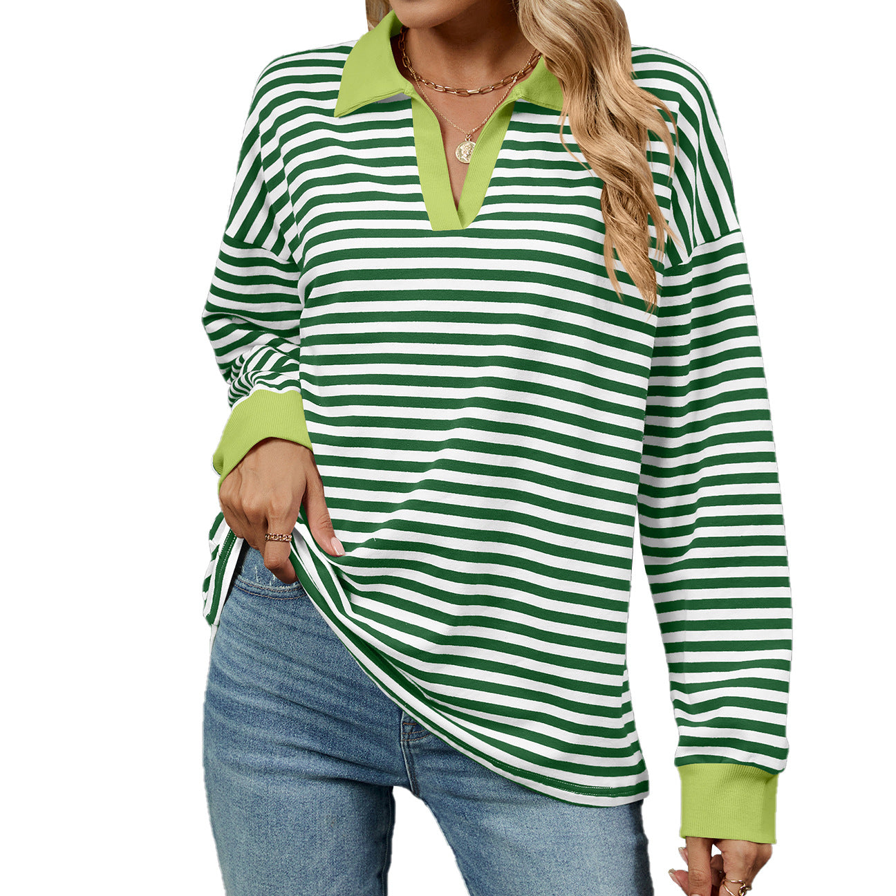 Women's Oversized Striped Collared Sweatshirt Pullover