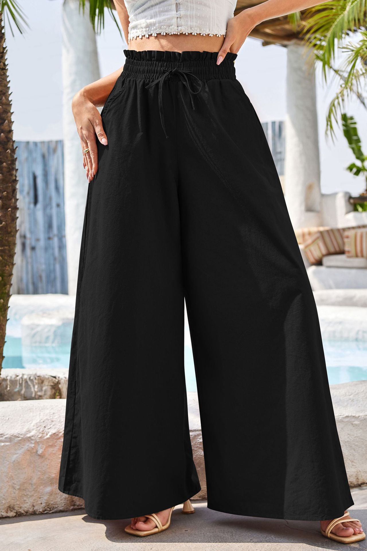 High-Waist Wide-Leg Palazzo Pants – Cotton-Linen Blend with Pockets