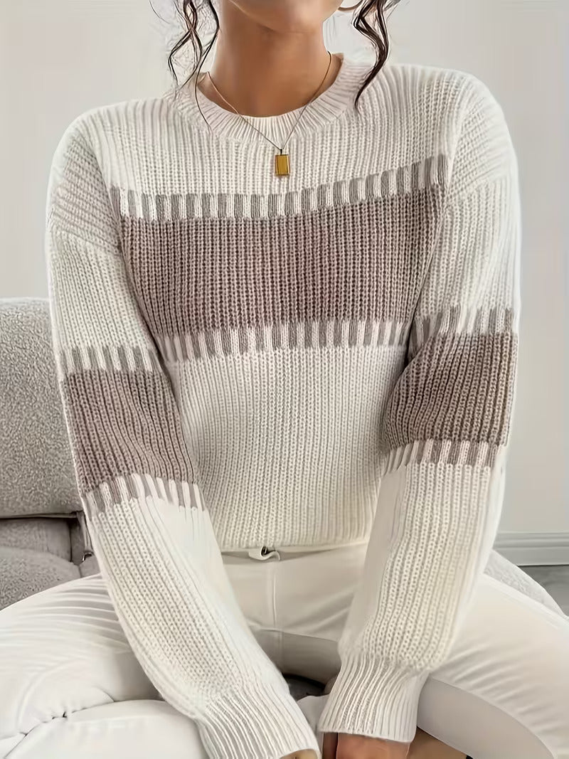 Women's Striped Crew Neck Oversized Knit Pullover Sweater