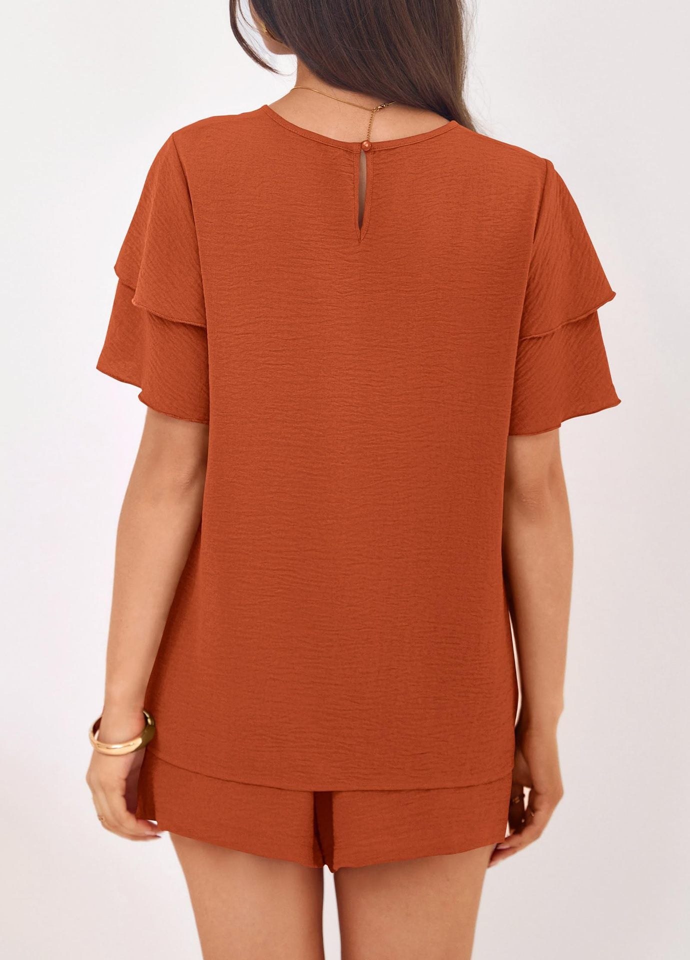 Solid Lounge Set Ruffle Sleeve Top Shorts 2 Piece Set
