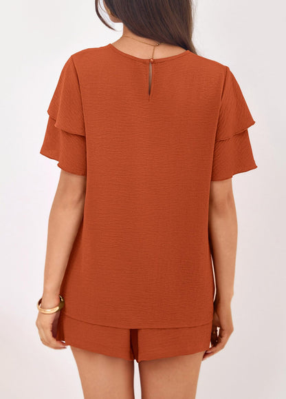 Solid Lounge Set Ruffle Sleeve Top Shorts 2 Piece Set