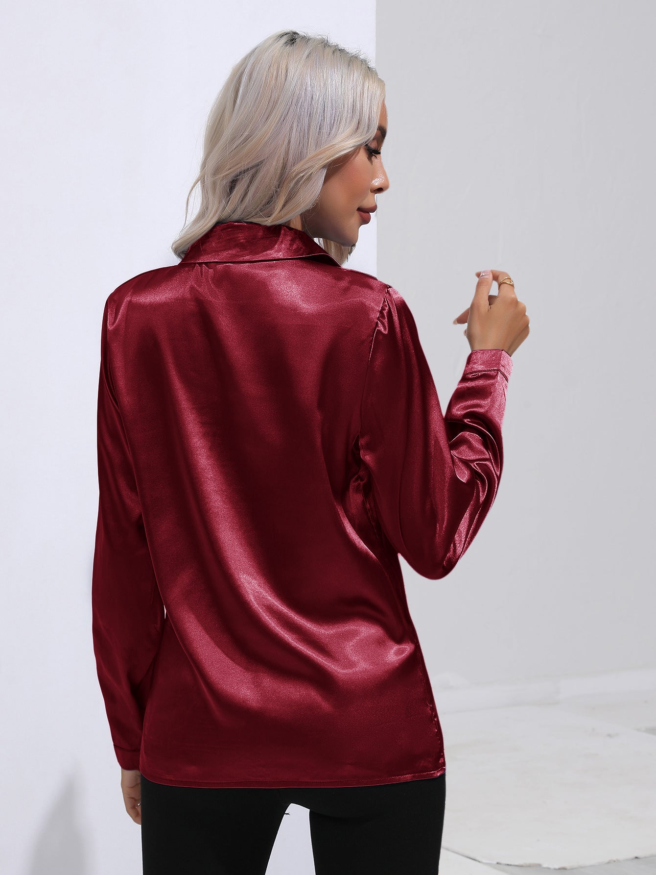 Women's Satin Long Sleeve Collared Blouse
