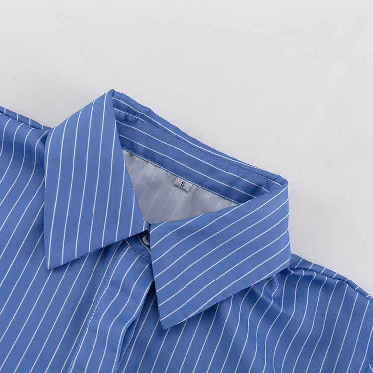 Blue Striped Button Down Shirt and Mini Skirt Set