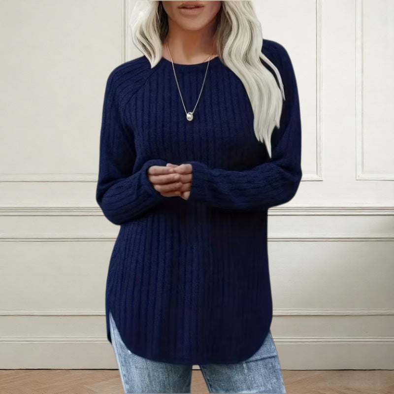 Plus Size Waffle Knit Tunic Long Sleeve Curved Hem Top