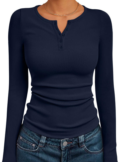 Women's Ribbed Henley Long Sleeve Fitted Top