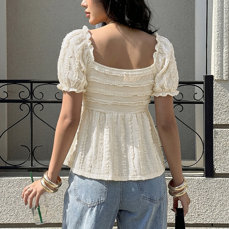 Textured V Neck Puff Sleeve Peplum Blouse Summer Top