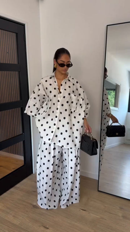 Women's Oversized Polka Dot Shirt Wide Leg Pants Set