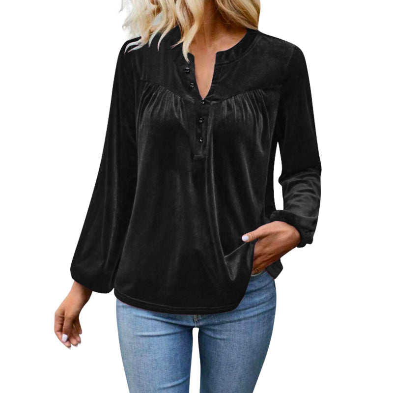 Velvet V Neck Button Top Long Sleeve Relaxed Fit Blouse