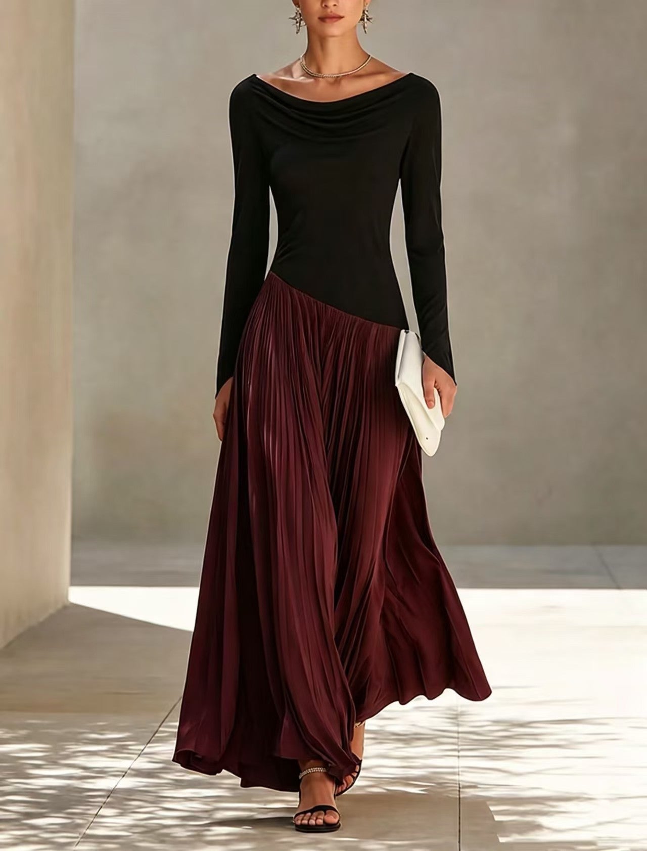Cowl Neck Colorblock Long Sleeve Pleated Maxi Dress