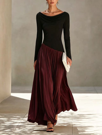 Cowl Neck Colorblock Long Sleeve Pleated Maxi Dress