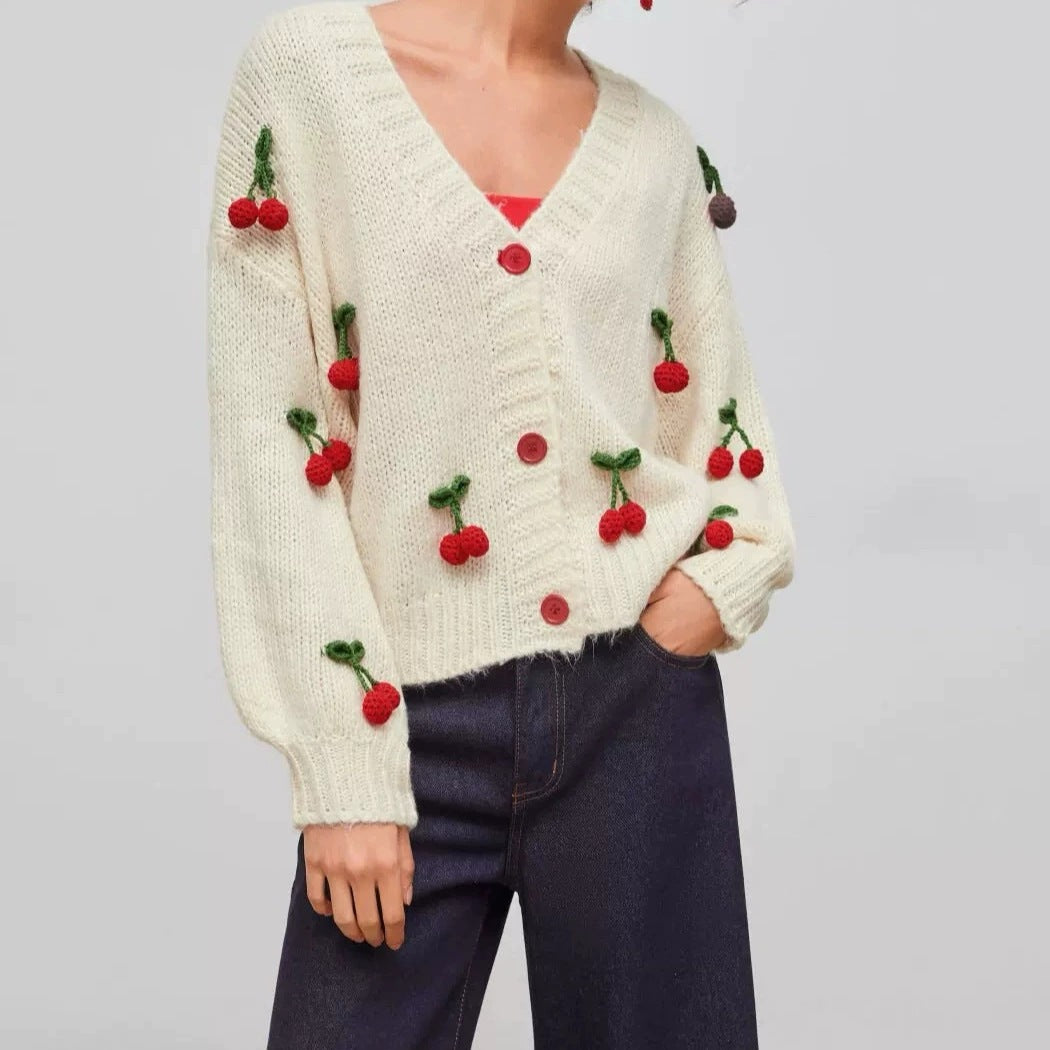 Women's 3D Cherry V-Neck Cropped Knit Cardigan