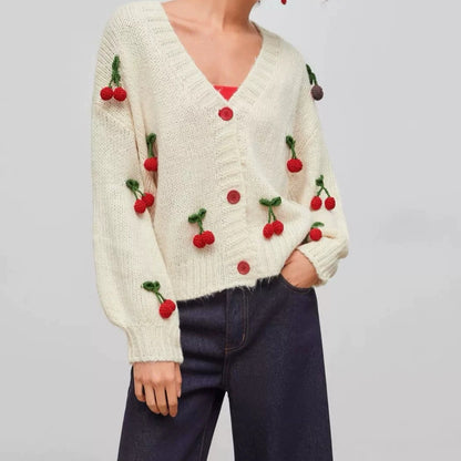 Women's 3D Cherry V-Neck Cropped Knit Cardigan