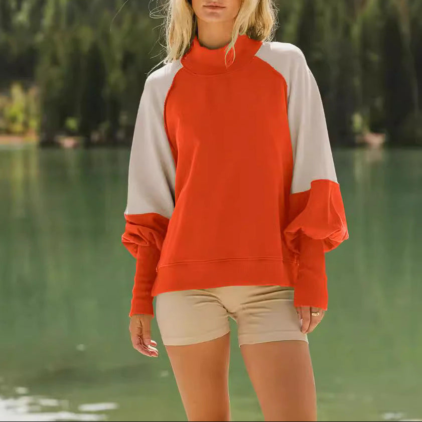 Women's Color Block Mock Neck Balloon Sleeve Sweatshirt