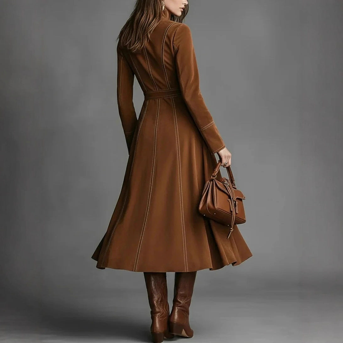 Vintage Faux Suede Long Sleeve Belted Zip Front Maxi Dress