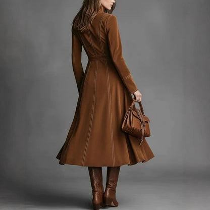 Vintage Faux Suede Long Sleeve Belted Zip Front Maxi Dress