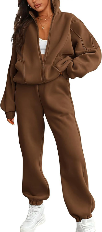 Women's Oversized Fleece Zip Hoodie Joggers Set