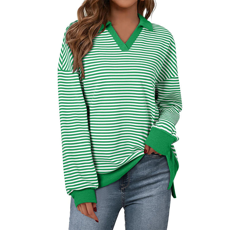 Women's Striped V-Neck Collared Long Sleeve Sweatshirt