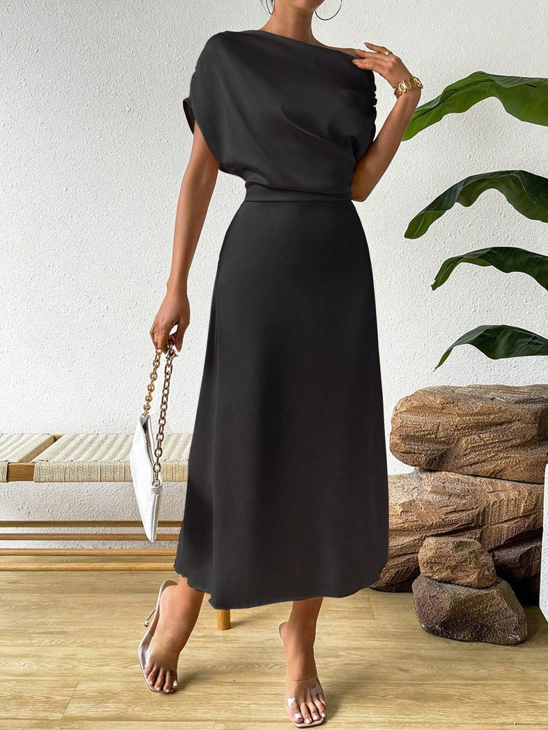 Women's Satin One Shoulder Maxi Dress Batwing Sleeve