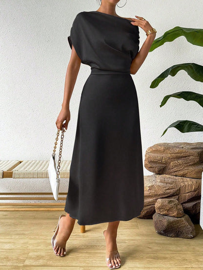 Women's Satin One Shoulder Maxi Dress Batwing Sleeve