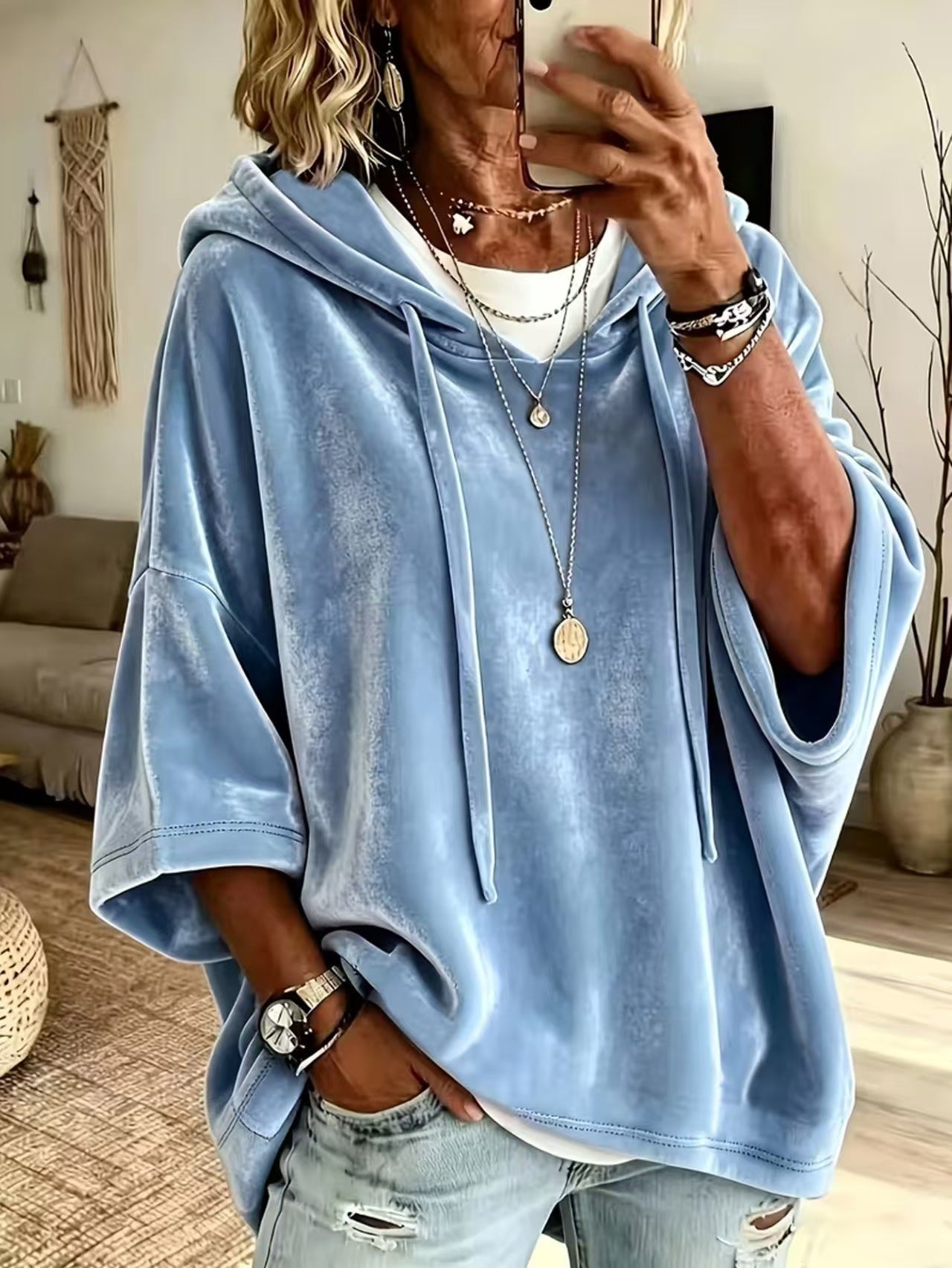 Women’s Velvet Hooded Poncho Top Oversized 3/4 Sleeve