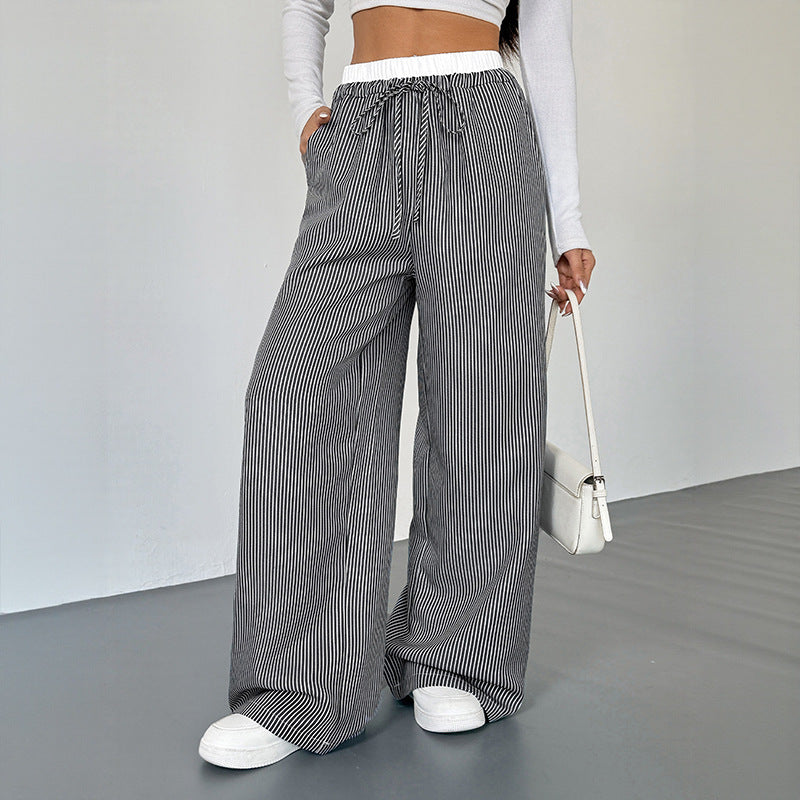 Striped Lace Trim Drawstring Wide Leg Pants