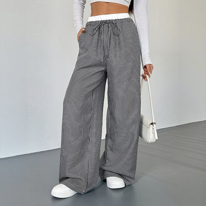 Striped Lace Trim Drawstring Wide Leg Pants