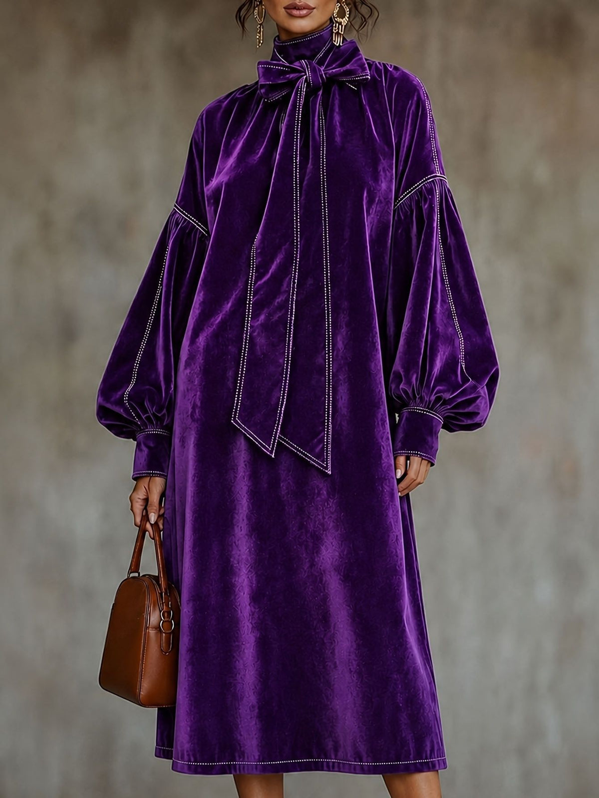 Elegant Velvet Tie Neck Midi Dress Long Puff Sleeve