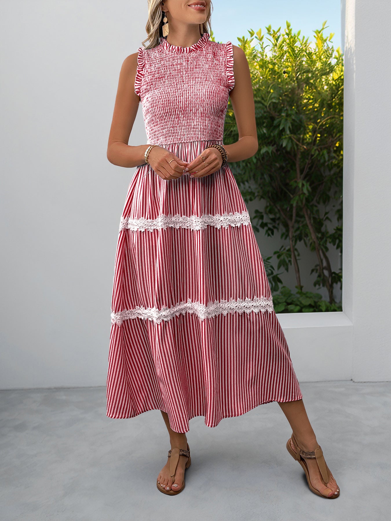 Sleeveless Striped Lace Midi Dress Ruffled A-Line Summer