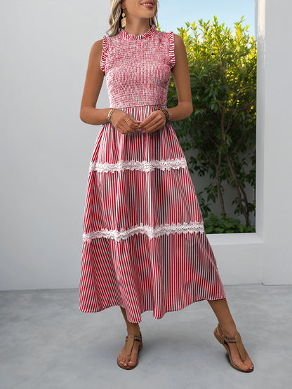Sleeveless Striped Lace Midi Dress Ruffled A-Line Summer