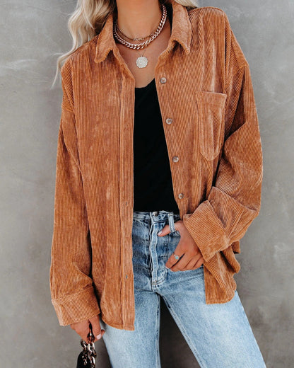 Oversized Corduroy Button-Down Shirt with Chest Pocket