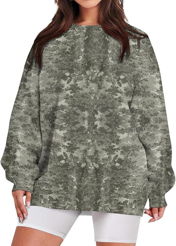 Women's Oversized Leaf Print Crewneck Sweatshirt