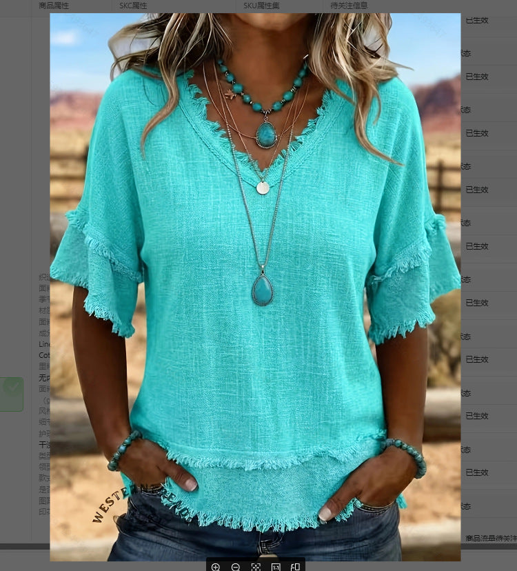 Women's Boho Fringe V-Neck Short Sleeve Linen Blend Top