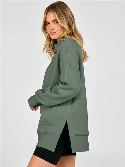 Oversized Half Zip Sweatshirt Side Slit Pullover Tunic