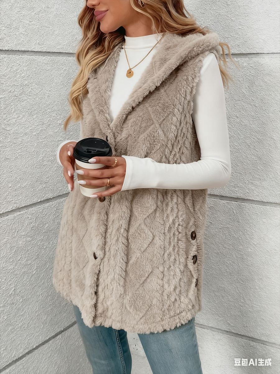 Women's Hooded Fleece Button Front Vest Cardigan