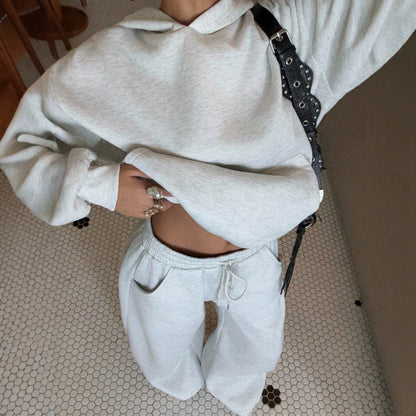 Solid Hoodie Lounge Set Wide Leg Two Piece Outfit