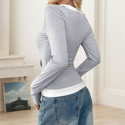 Women’s Layered Long Sleeve Knit Top Square Neck Fitted Shirt
