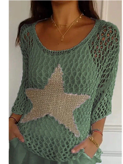 Women's Star Crochet Sweater 3/4 Sleeve Lightweight Top