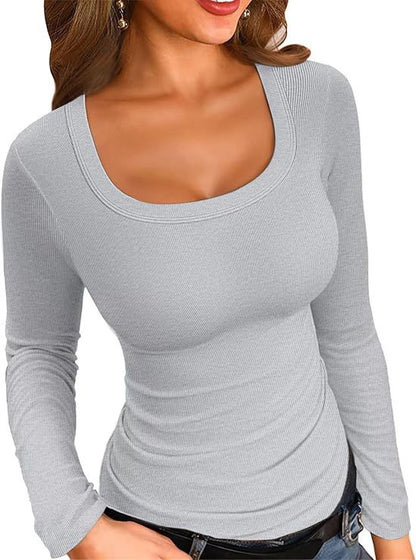 Square Neck Ribbed Long Sleeve Slim Fit Top