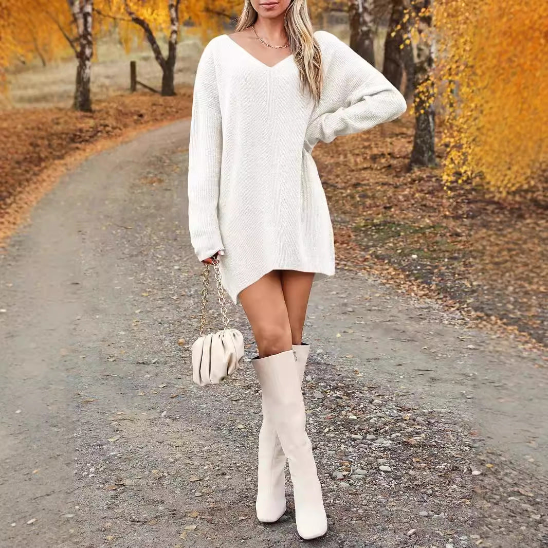Oversized V Neck Chunky Knit Sweater Dress Long Sleeve