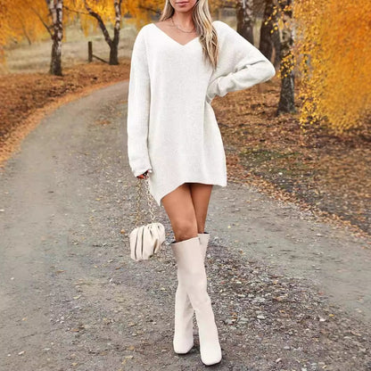 Oversized V Neck Chunky Knit Sweater Dress Long Sleeve