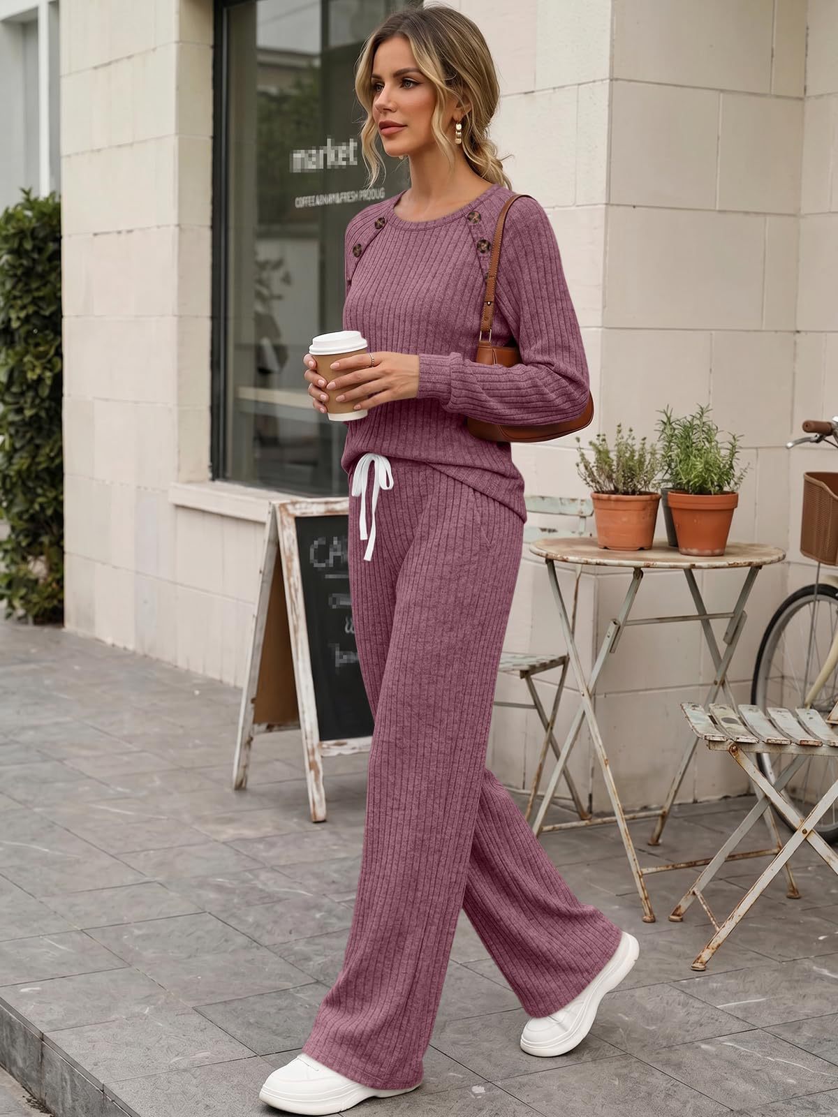 Womens Ribbed Knit 2 Piece Set Button Top Wide Leg Pants